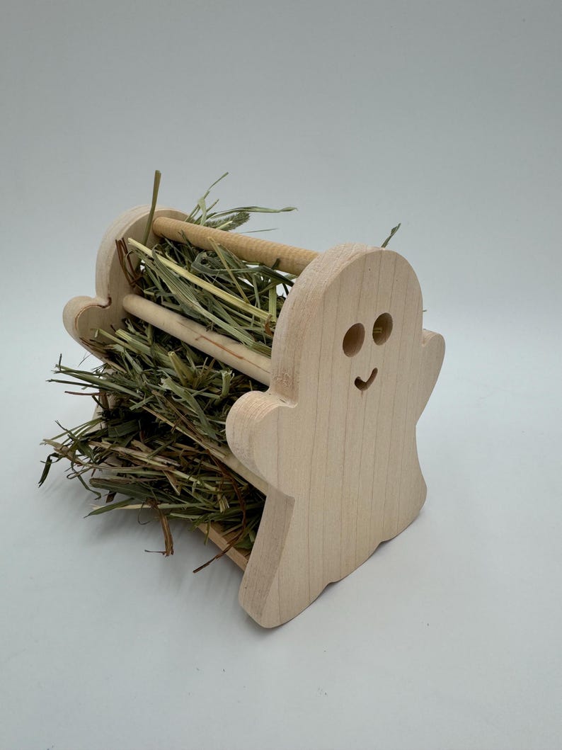 Op de afbeelding: Een houten hooi-voederbak in de vorm van een spook voor kleine dieren. De voederbak heeft een gleuf voor hooi en een uitsnijding van een spookgezicht. De voederbak is gevuld met gedroogd gras.