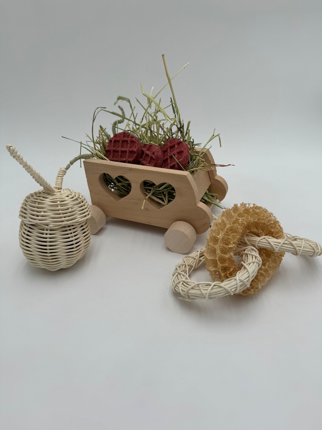 Bunny Bundle With Wooden Hay Feeder Bus, Loofah Rings Chew Toy, Timothy Hay Waffles, Rattan