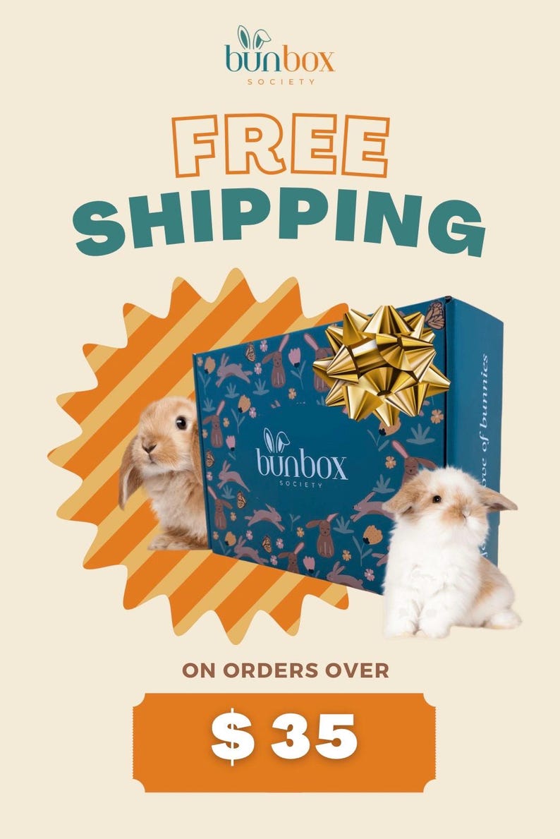 Op de afbeelding: Een blauwe en witte cadeaudoos met een gouden strik en een konijnenontwerp. De doos is omgeven door een gele en oranje ster. De tekst "FREE SHIPPING ON ORDERS OVER $35" wordt onder de doos weergegeven.