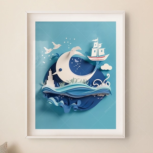 Art nautique pour chambre d'enfant Impression sous la mer Baleine jouant dans l'océan Chambre de bébé garçon Art au-dessus du lit d'enfants Shower de bébé Art de bateau Décoration de chambre bleue