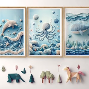 Nautical nursery art Under the sea Whale Octopus Dolphin Kids room decor Children's bedroom Blue ocean nursery decor Set of 3 nursery prints