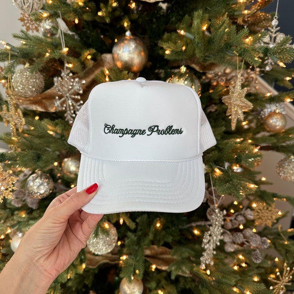 Embroidered Champagne Problems Trucker hat, Taylor Swift Hat, Green and White Trucker Hat, Embroidered Trucker Hat