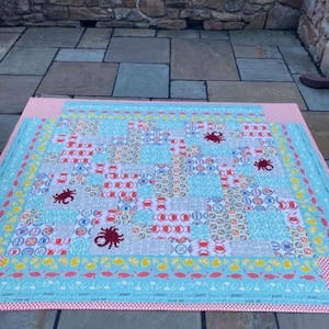 Handmade Crab Quilt – Coastal Picnic Blanket, Nautical Patchwork Throw