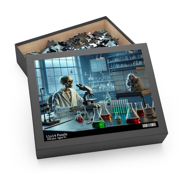 Skeleton in Lab Jigsaw Puzzle - Eerie Science Theme Puzzle High-Quality Chipboard (120, 252, 500-Piece)