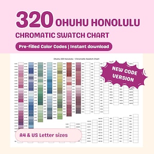 May include: A digital chromatic swatch chart for Ohuhu 320 Honolulu markers. The chart features pre-filled colour codes and is available for instant download. Includes A4 and US Letter sizes. The chart has a new code version.