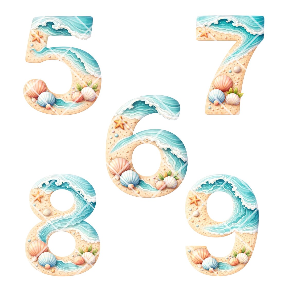 Watercolor Beach Numbers Clipart (0–9) | Coastal Ocean Themed Number ...