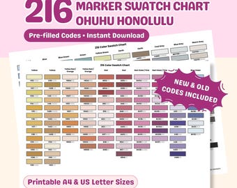 Ohuhu Honolulu Marker Swatch Chart, 216 Colors, New & Old Codes (Digital Download)