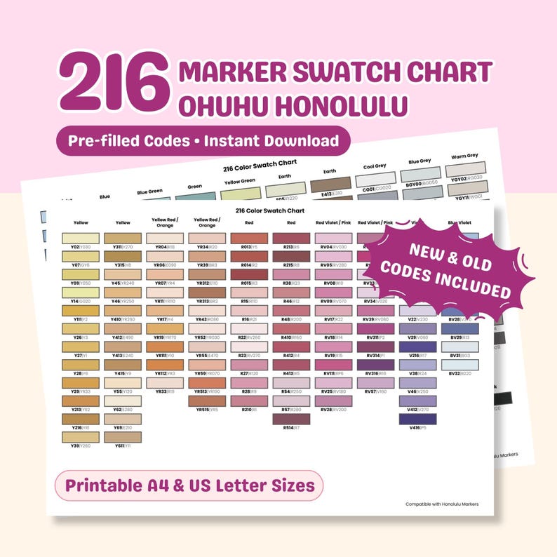 Ohuhu Honolulu Marker Swatch Chart, 216 Colors, New & Old Codes ...