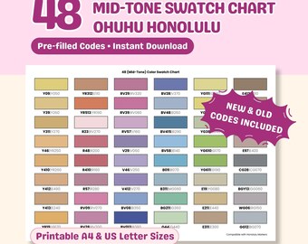 Honolulu Markers Swatch Chart, 48 Mid-Tone Colors, Pre-filled Codes (Instant Download)