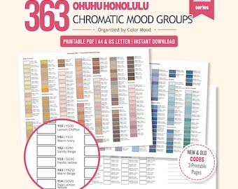 Ohuhu Honolulu 363 Marker Swatch Chart, Color Family, Mood Groups (Printable PDF)