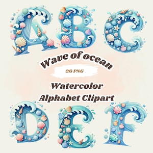 Wave of ocean alphabet clipart - Watercolor Letters, Coastal ABC Graphics, Summer Font Illustrations, Ocean Themed Digital Download,  PNG