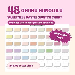 Può includere: Un grafico di campioni di colori pastello con il testo "48 OHUHU HONOLULU SWEETNESS PASTEL SWATCH CHART." Il grafico include codici colore precompilati ed è disponibile per il download immediato. Presenta una varietà di tonalità pastello.