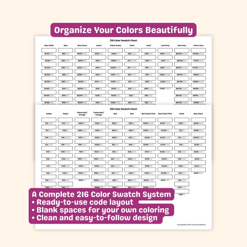 Ohuhu Honolulu Marker Swatch Chart, 216 Colors, New & Old Codes ...