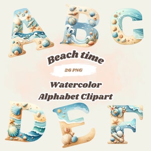 Strandtijd alfabet clipart-aquarel brieven set, kust ABC-graphics, zomer lettertype illustraties, oceaan thema digitale download, 26 png