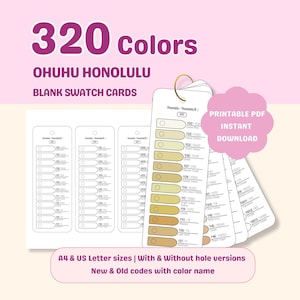 Ohuhu Honolulu - Schede campione di 320 colori stampabili, tabella dei colori Honolulu, set di 27 schede, formato A4 US Letter, organizzatore di colori, codici con nomi precompilati