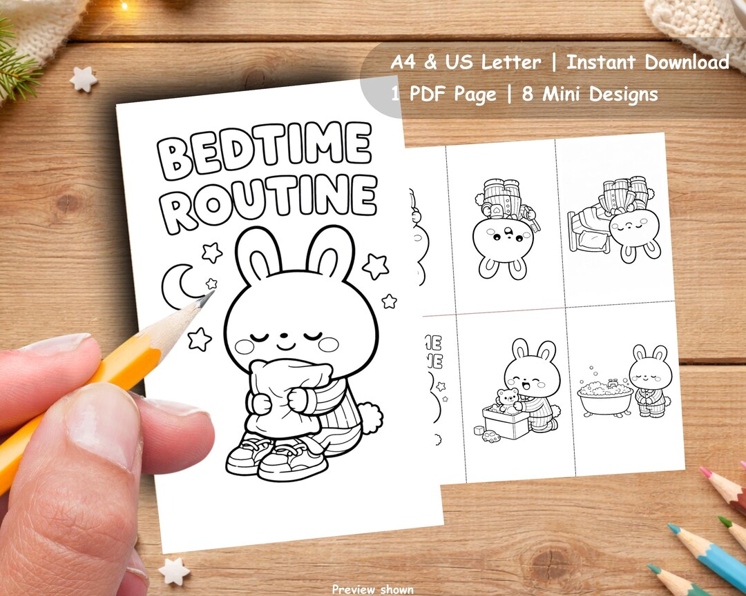 Kawaii Bedtime Routine Coloring Pages for Kids | Bunny Printable PDF A4 ...