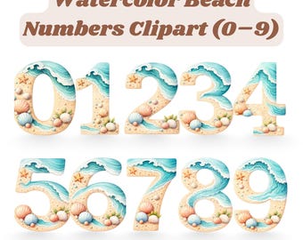 Watercolor Beach Numbers Clipart (0–9) | Coastal Ocean Themed Number PNG | Summer Printable Digital Download