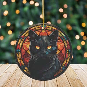 黒猫のステンドグラスのオーナメント、黒猫のオーナメント、黒猫のギフトアイデア、黒猫