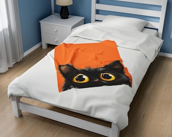 Black Cat Plush Velveteen Blanket, Cozy Throw