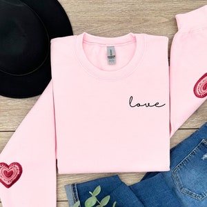 Crochet Heart Sleeve Love Unisex Heavy Blend™ Crewneck Sweatshirt, Love Crochet Heart Sleeve, Valentines Sweater