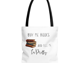 Bolsa de tela divertida para amantes de los libros con frase "Cómprame libros"