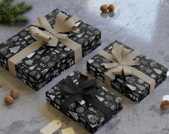 Rolo de papel de embrulho de Natal elegante em preto e branco