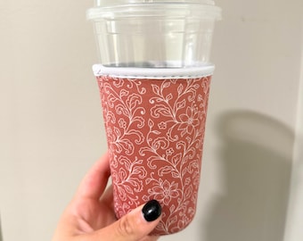 Terracotta Floral Drink Sleeves, Reusable Drink Sleeves, Coffee Sleeves, Cold Drinks, Hot Drinks, Neoprene Drink Sleeves, Beverage Sleeves