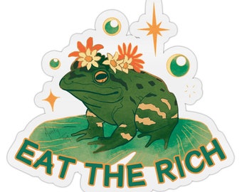 Eat The Rich Frog Sticker - funny meme activist cute art decor green lilypad