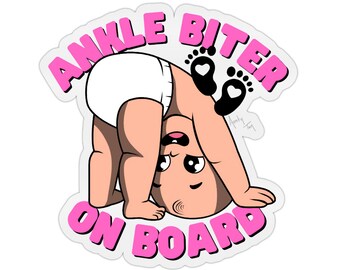 Ankle Biter On Board Sticker - funny baby onboard meme cute art car window blue pink