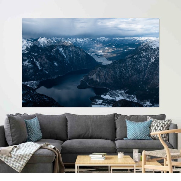 Mountaintop view photography of river crossing snowy Alps landscape wall decor mountainscape printable nature photography wall decor prints