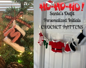 Personalized Santa Claus's Ornaments & Banner - Crochet Patterns of Jacket, Hat, Gloves, Socks, Boots + Bonus Alphabet Patterns