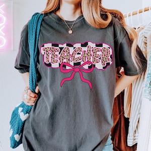 Comfort Colors® Checkered Teacher Shirt, Trendy Leopard Teacher Tee, Cute Coquette Teacher Gift, Retro Teach Shirt, Teacher Appreciation
