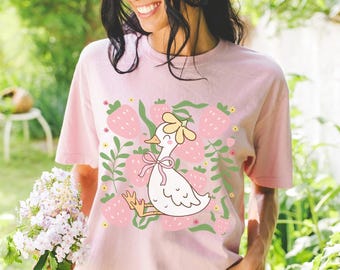 Comfort Colors Strawberry Goose Floral Shirt, Silly Goose Tee, Cute Strawberry Tshirt, Goose Lover Shirt, Goose T-Shirt, Cute Goose Shirt