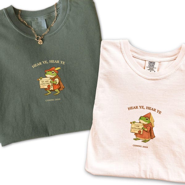 Pregnancy Reveal Couple Shirts, Funny Medieval Frog Tshirt, Matching Expecting Parents Shirts, Baby Announcement Set, Hear Ye Hear Ye Tees
