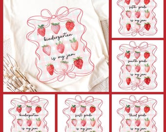 Comfort Colors Teacher Is My Jam Shirt, Kindergarten Teacher Shirt, 1st 2nd 3rd 4th 5th Grade Teacher Tee, Strawberry Bow Teacher Shirt Gift