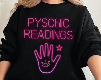 Neon Psychic Readings Sweatshirt, Palm and Star Mystical Jumper, Psychic Gift, Unisex Crewneck, Occult Clothing, Boho Palmistry Top