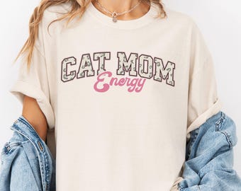 Comfort Colors Cat Mom Shirt, Cat Mom Energy Tee, Cute Cat Mama Shirt, Leopard Print Cat Shirt, Cozy Graphic Tee for Cat Lovers
