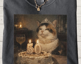 Comfort Colors 50th Birthday Shirt for Women, Elegant Cat Birthday Tee, Retro Cat Graphic Shirt, Funny Cat Lover Gift for Her, Cat Birthday