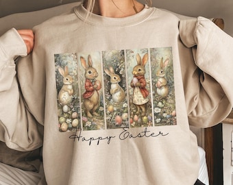 Easter Bunny Sweatshirt, Vintage Style Happy Easter Shirt, Floral Rabbit Spring Crewneck, Cottagecore Easter Gift, Bunny Sweatshirt