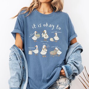 Pu&ograve; includere: T-shirt blu con la frase "it is okay to" sopra illustrazioni di oche dei cartoni animati. Le oche sono raffigurate con attivit&agrave; legate allo shopping e frasi come "Buy Secondhand" e "Thrift Just for Fun."