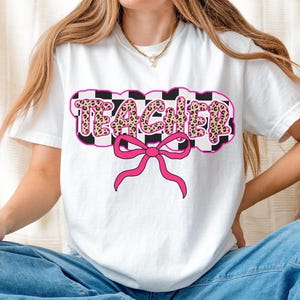 Comfort Colors® Checkered Teacher Shirt, Trendy Leopard Teacher Tee, Cute Coquette Teacher Gift, Retro Teach Shirt, Teacher Appreciation