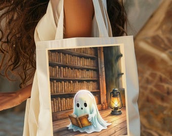 Leuke draagtas voor lezen met spook, boekentas herfst, draagtas Halloween-bibliotheek, cadeau griezelige boekenliefhebber, katoenen canvas draagtas in natuurlijk of zwart