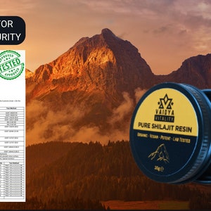 May include: A black circular container of Vaidya Vitality Pure Shilajit Resin with a yellow label, marked 20g, alongside a Certificate of Analysis document. The text reads Lab Tested for Safety and Purity and Packed in UK with a Union Jack flag.