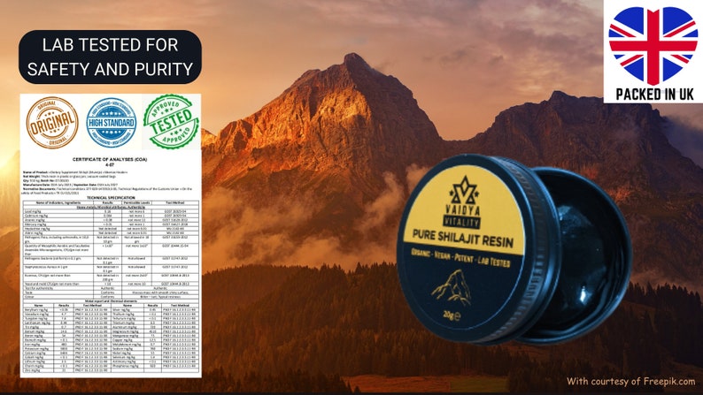 May include: A black circular container of Vaidya Vitality Pure Shilajit Resin with a yellow label, marked 20g, alongside a Certificate of Analysis document. The text reads Lab Tested for Safety and Purity and Packed in UK with a Union Jack flag.