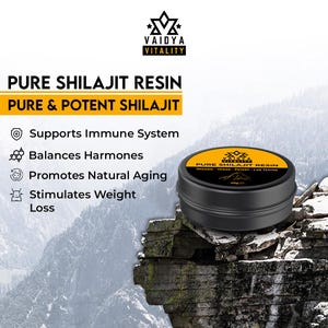 May include: A black circular container of Vaidya Vitality Pure Shilajit Resin, labeled 20g, featuring a yellow and black lid. The text includes Pure Shilajit Resin, Pure & Potent Shilajit, and lists benefits like immune support and weight loss.
