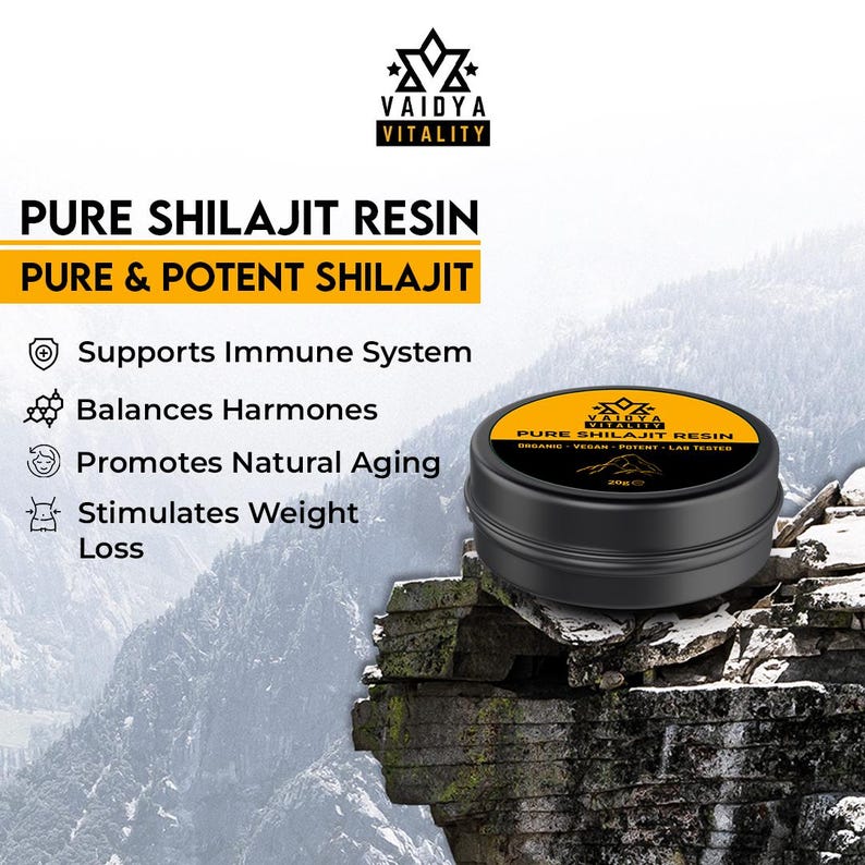 May include: A black circular container of Vaidya Vitality Pure Shilajit Resin, labeled 20g, featuring a yellow and black lid. The text includes Pure Shilajit Resin, Pure & Potent Shilajit, and lists benefits like immune support and weight loss.