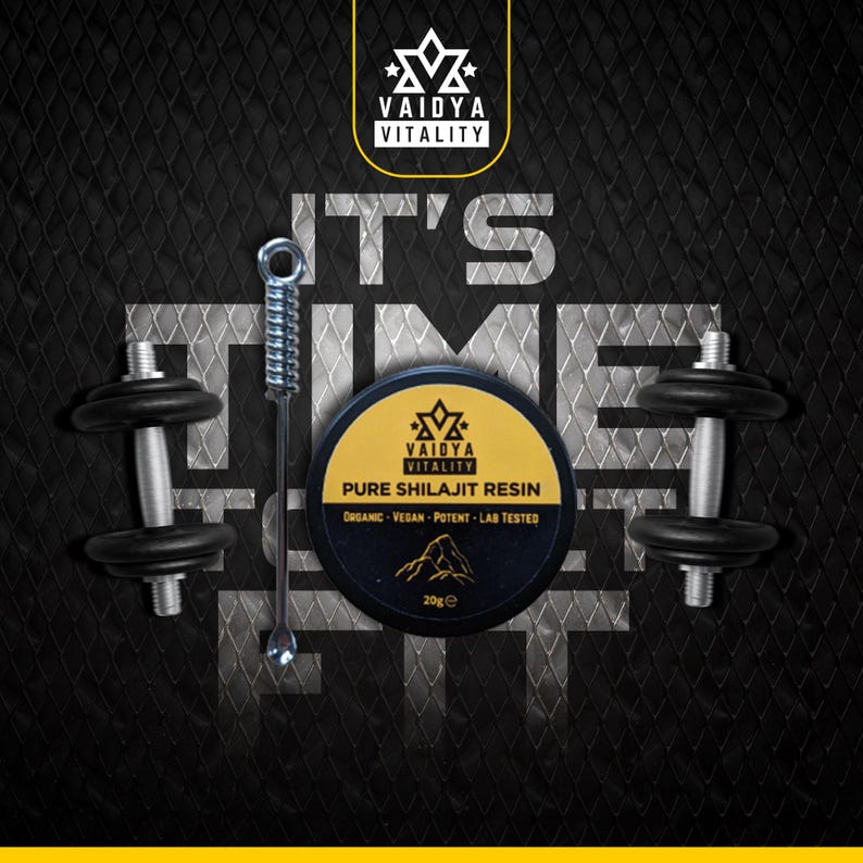 May include: A round black container of Vaidya Vitality Pure Shilajit Resin with a yellow label, a metal applicator tool, and two black dumbbells. The label features the text Vaidya Vitality, Pure Shilajit Resin, Organic, Vegan, Potent, Lab Tested, 20ge.