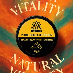 May include: A round black container of Vaidya Vitality Pure Shilajit Resin with a yellow label. The label features the text Vaidya Vitality, Pure Shilajit Resin, Organic, Vegan, Potent, Lab Tested, and 20g. A mountain icon is printed below.