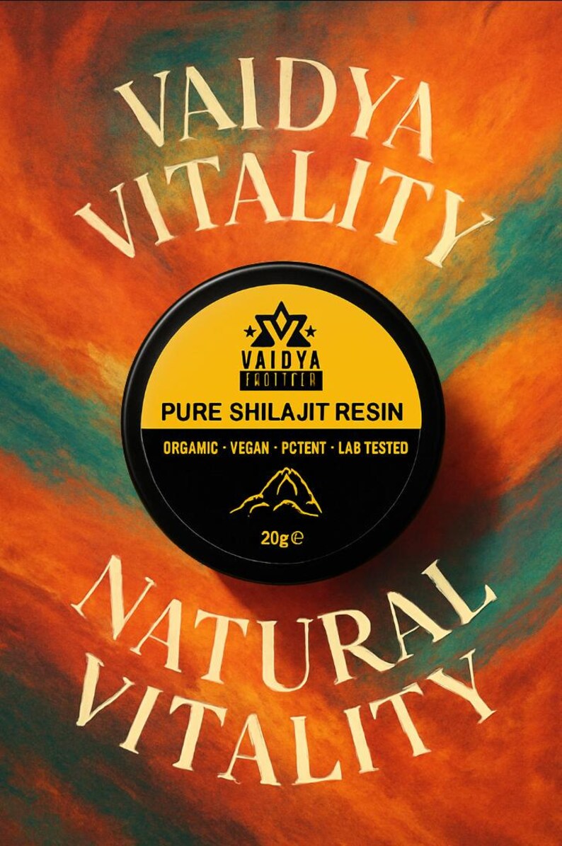 May include: A round black container of Vaidya Vitality Pure Shilajit Resin with a yellow label. The label features the text Vaidya Vitality, Pure Shilajit Resin, Organic, Vegan, Potent, Lab Tested, and 20g. A mountain icon is printed below.
