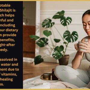 May include: A light gray tank top and leggings set worn by a person holding a light-colored ceramic mug. The image includes text about Shilajit, noting it contains fulvic acid, vitamins, and minerals, and can be dissolved in warm milk or water.